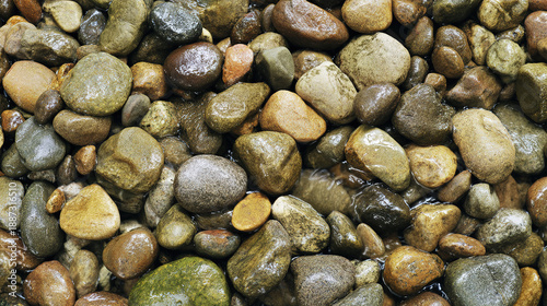 pebble. Smooth river stones polished by water flow, showing natural erosion patterns in a shallow stream. travel magazines, destination branding, designed for travel destination branding.

