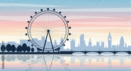 London cityscape with ferris wheel at sunset reflecting on water with bridge and skyline