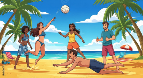 Friends playing beach volleyball on sunny tropical coast with palm trees and ocean view recreational fun