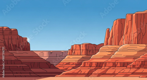 Red rock formations under clear blue sky desert landscape with orange canyon cliffs natural wonder
