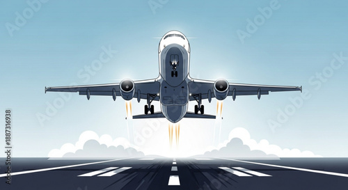 Airplane taking off down a runway with bright lights and clouds symbolizing travel and transportation