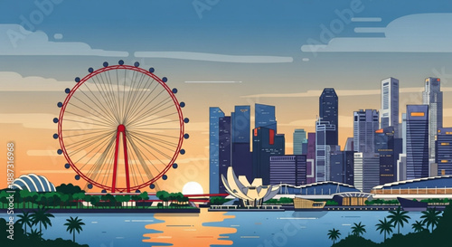 Sunset over singapore cityscape with ferris wheel and skyline urban landscape with modern architecture and waterfront
