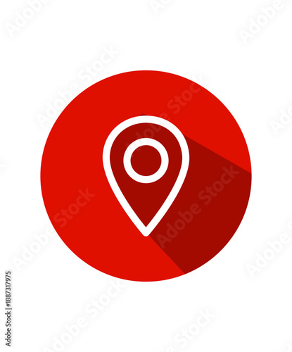 Red location pin vector icon in a modern flat design with long shadow. Simple and minimal map marker symbol suitable for navigation, GPS, geolocation services, travel apps, mobile applications, UI/UX 