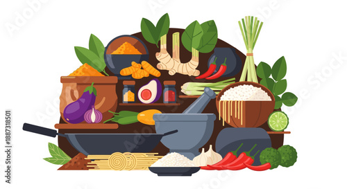 A vibrant illustration of fresh produce arranged around cooking tools. Perfect for food blogs, healthy eating campaigns, or illustrating culinary conc