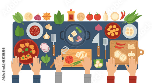 A vibrant overhead shot showcasing fresh ingredients and hands preparing food, perfect for illustrating cooking tutorials, recipes, or healthy eating 
