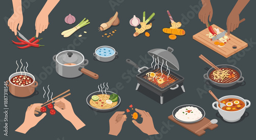 A vibrant illustration depicting the stages of cooking, from ingredient preparation to finished dish. Ideal for food blogs, recipe websites, or culina