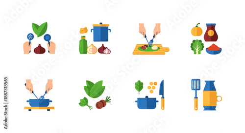 A collection of flat-style cooking icons evokes a sense of freshness and preparation. Ideal for illustrating recipes, food blogs, or culinary-related 
