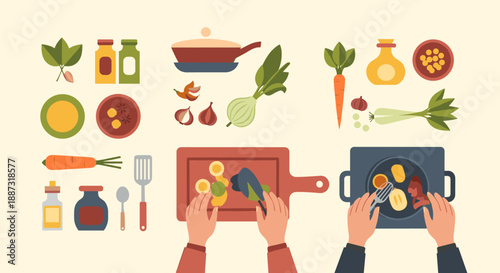 A cheerful, flat-lay illustration featuring cooking ingredients and tools. Ideal for food blogs, recipe websites, or culinary-themed marketing materia