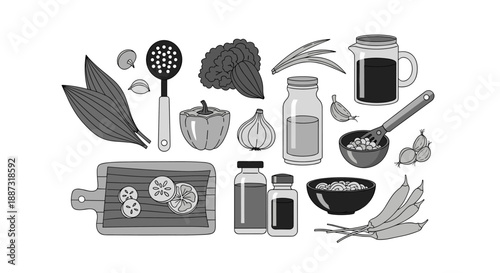 A charming black and white illustration of fresh produce and cooking utensils, ideal for food blogs, recipe design, and promoting a healthy lifestyle 