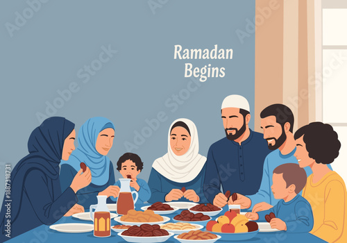 A heartwarming illustration of a mother and child sharing a meal, evoking feelings of togetherness and tradition. Ideal for Ramadan greetings, family-