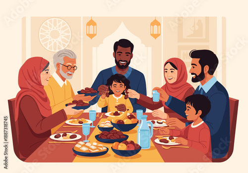 A heartwarming illustration of a family sharing a traditional meal during Ramadan. Perfect for representing togetherness, cultural traditions, and fes
