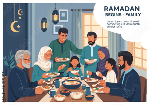 A heartwarming illustration of a multi-generational family sharing a meal during Ramadan. Use for advertising, blog posts, or content related to faith
