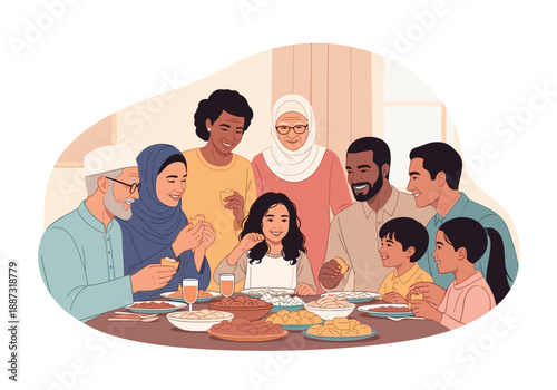 A heartwarming illustration of a diverse family sharing a meal, conveying togetherness, joy, and cultural celebration. Ideal for content related to fa