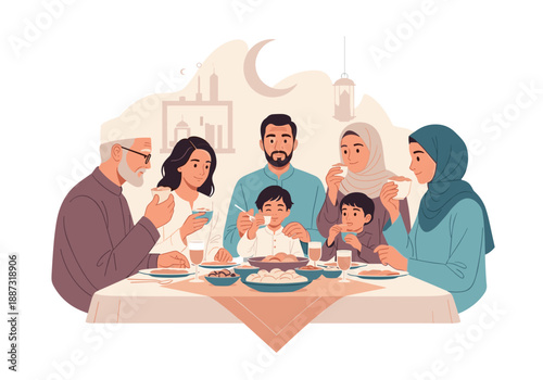 A warm illustration of a multigenerational family sharing a meal together. Ideal for concepts of family bonding, tradition, hospitality, and cultural 