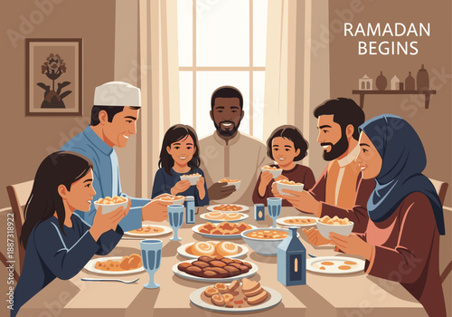 A heartwarming illustration of a family enjoying a meal together, perfect for depicting togetherness, tradition, and everyday life. Ideal for content 