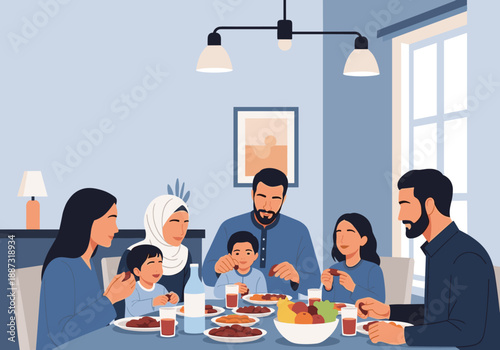 A heartwarming illustration of a family enjoying a meal together, conveying a sense of connection and domestic bliss. Perfect for themes of family, to