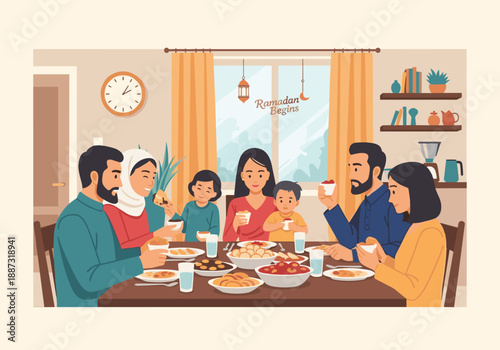 A heartwarming illustration of a family enjoying a meal together, conveying togetherness and warmth. Ideal for depicting family life, celebrations, an