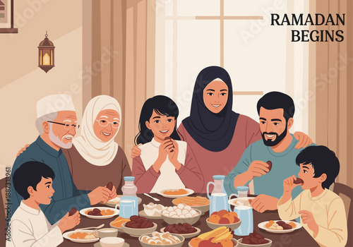 A warm, inviting illustration of a multigenerational family enjoying a meal together. Ideal for advertising family values, cultural themes or lifestyl