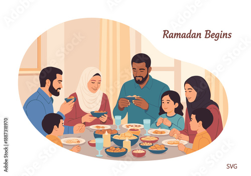 A warm and inviting illustration of a family sharing a meal. Perfect for conveying themes of togetherness, community, and cultural connection in lifes