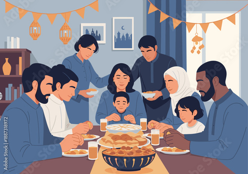 A warm illustration of a family sharing a meal, evoking feelings of togetherness and joy. Ideal for representing family values, community, and everyda