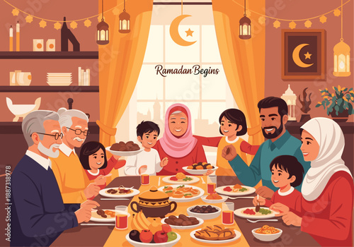 A heartwarming illustration of a multigenerational family enjoying a meal together. Perfect for representing togetherness, family values, and the joy 