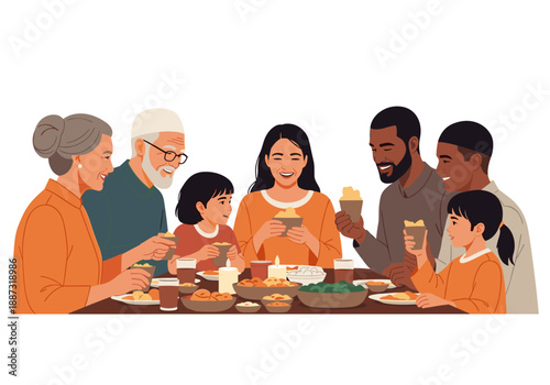 A heartwarming illustration of a multi-generational family enjoying a meal. Perfect for representing connection, togetherness, and the importance of f