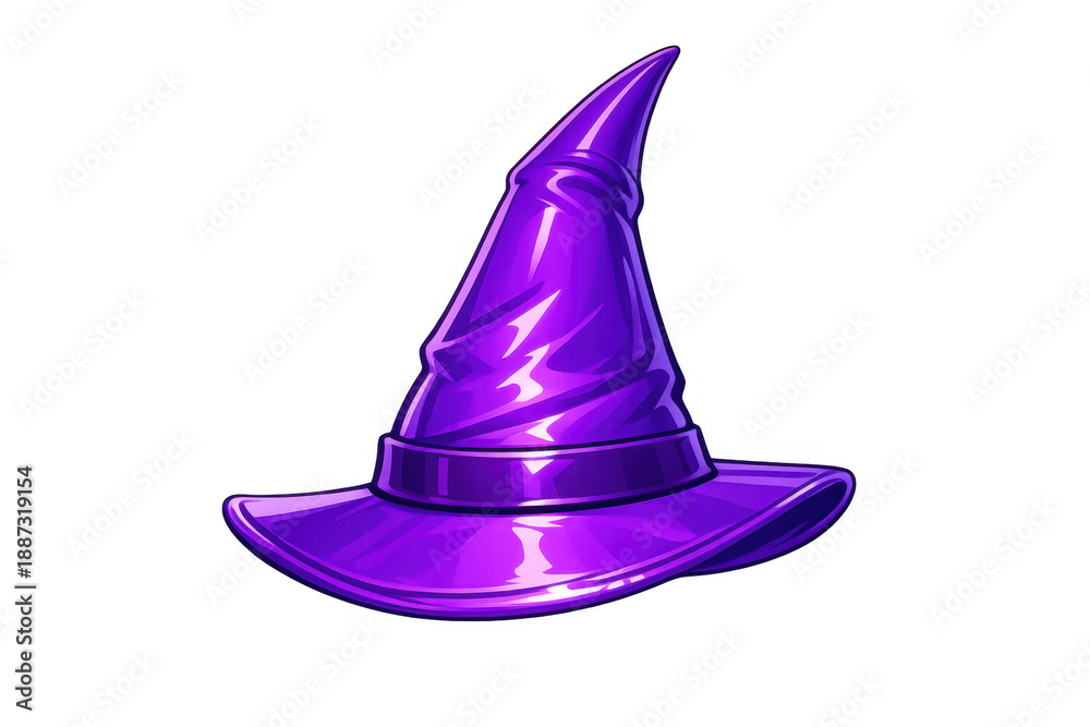 Fototapeta premium Purple witch hat for halloween costume, magical sorcery accessory, wizard or warlock headwear, transparent background