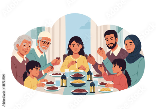 A heartwarming illustration of a multi-generational family enjoying a meal together. Ideal for concepts of connection, family values, and intergenerat
