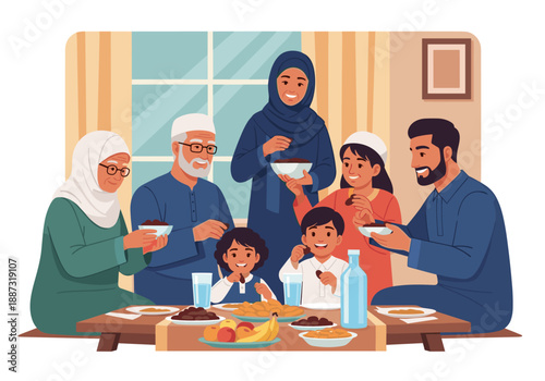 A warm illustration of a multi-generational family breaking their fast during Ramadan. Ideal for conveying togetherness, tradition, or cultural celebr