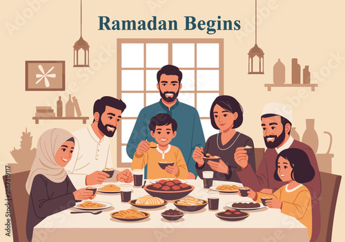 A heartwarming illustration of a family sharing a meal during Ramadan. Perfect for depicting togetherness, tradition, and the spirit of the holy month