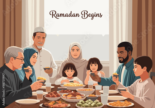 A heartwarming illustration of a family breaking their fast during Ramadan. Perfect for depicting togetherness, tradition, and religious observance in