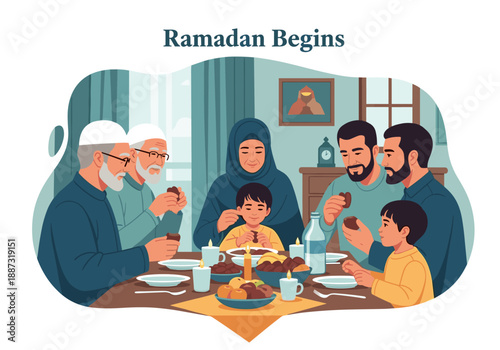 A warm illustration of a multigenerational family breaking their fast together during Ramadan. Ideal for depicting togetherness, tradition, and cultur