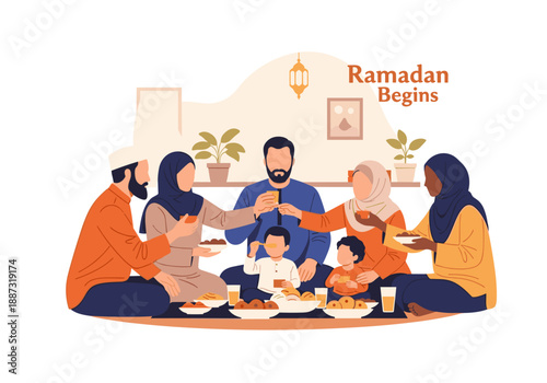 A warm illustration of a family sharing a meal, conveying a sense of connection and calm. Ideal for representing family values, cultural diversity, or