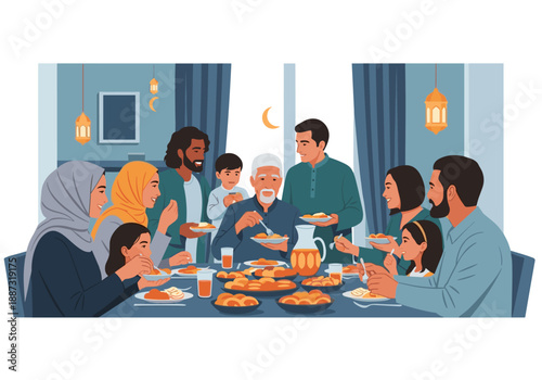 A warm illustration of a family breaking their fast during Ramadan.  Ideal for illustrating themes of togetherness, faith, and cultural celebrations d