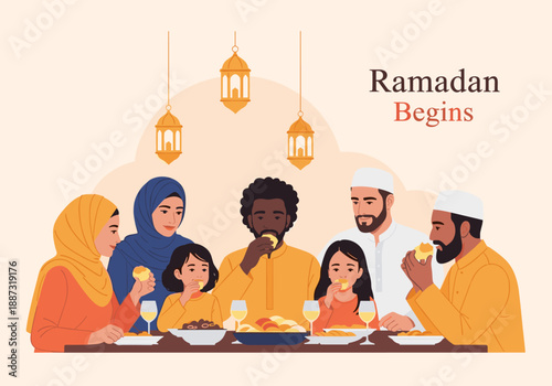 A warm illustration of a Muslim family sharing a meal during Ramadan. Ideal for content related to cultural celebrations, faith, togetherness, and fas