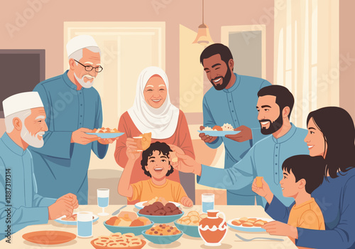 A heartwarming illustration of a multi-generational family enjoying a meal. Perfect for depicting togetherness, family values, and cultural traditions