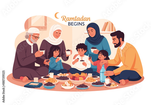 A heartwarming illustration of a multigenerational family enjoying a meal and each other's company. Ideal for concepts of family, tradition, and toget