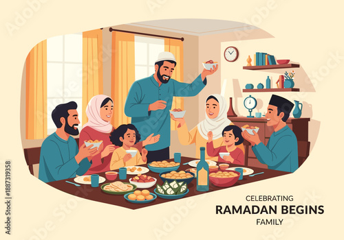 A heartwarming illustration of a family gathered around a table enjoying a meal. Perfect for concepts relating to family, tradition, celebration, and 