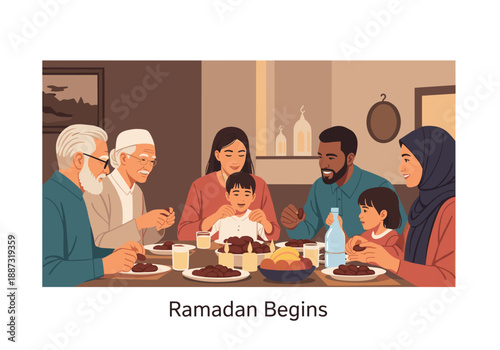 A heartwarming illustration of a multi-generational family enjoying a meal and conversation. Perfect for themes of togetherness, tradition, and celebr