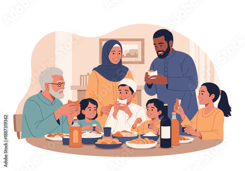 A warm illustration depicting a multi-generational family enjoying a meal, evoking feelings of togetherness and connection. Ideal for content related 