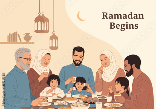 A warm illustration of a family gathering around a table, enjoying tea and treats. Ideal for concepts of togetherness, traditions, and intergeneration