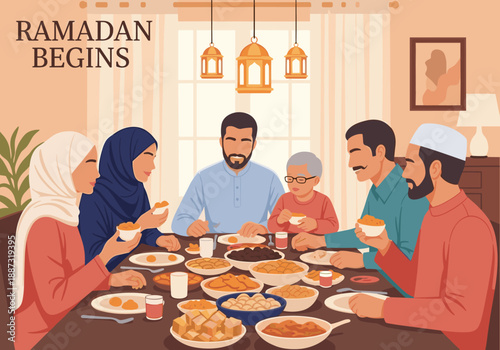 A warm illustration of a family enjoying a meal together, evoking feelings of togetherness and cultural tradition. Ideal for content about family, com