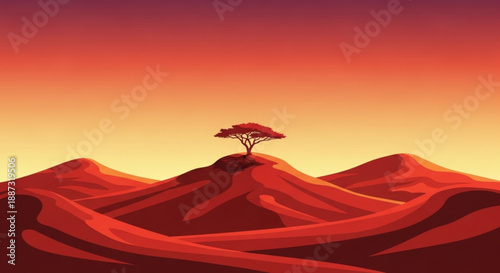 Lonely tree on a desert mountain peak at sunset with orange and red sand dunes landscape