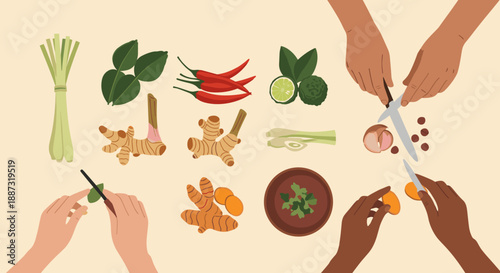 A bright and inviting illustration of fresh herbs and spices. Perfect for culinary blogs, recipe websites, or food-related marketing materials. Emphas