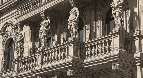 Ornate balcony with statues on historic building facade carved stone details and railings classic architectural design elements