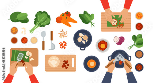 A vibrant, flat lay view of hands preparing a colorful meal with fresh vegetables and seasonings. Ideal for illustrating healthy eating, cooking, or f