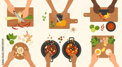 A vibrant overhead shot showcasing hands preparing fresh ingredients, ideal for illustrating cooking, recipes, healthy eating or food-related content.