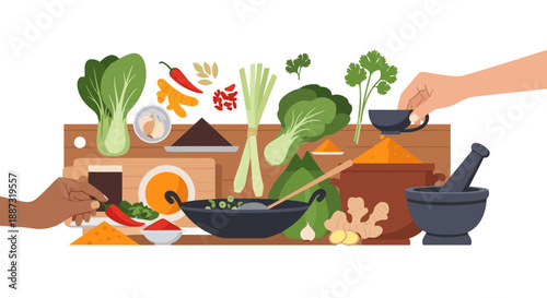 A vibrant illustration showcasing hands preparing fresh ingredients. Perfect for representing healthy eating, cooking, recipes, or culinary experience