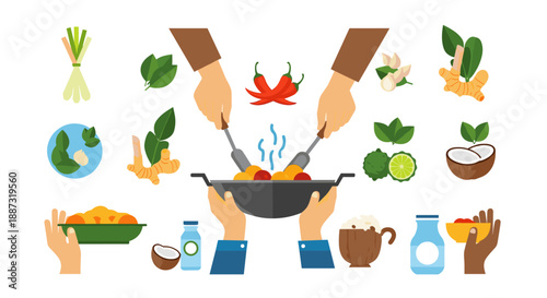 A vibrant illustration depicting hands preparing fresh produce. Ideal for concepts related to healthy eating, cooking, organic food, or culinary arts.