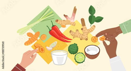 A vibrant illustration depicting hands preparing fresh vegetables, ideal for conveying healthy eating, cooking, or organic food concepts. Perfect for 
